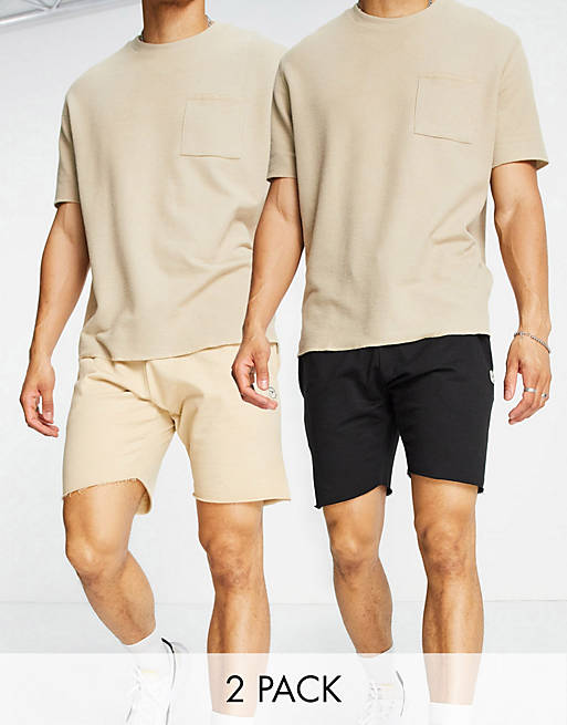 Le Breve 2 pack raw edge jersey shorts in black & stone