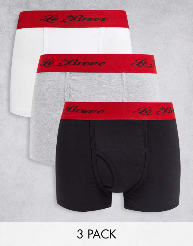 Le Breve 3 pack trunks with script logo waistband in black gray white