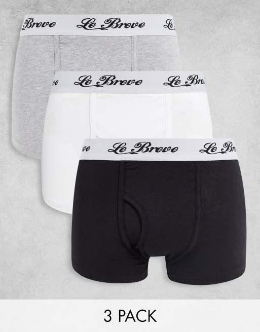 Le Breve 3 pack trunks with script logo waistband in black grey white