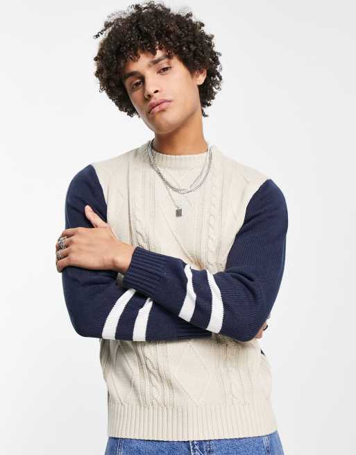  Le Breve arm stripe jacquard knit jumper in stone & navy