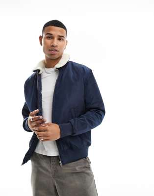 Le Breve Aviator Jacket With Detachbale Borg Collar In Navy