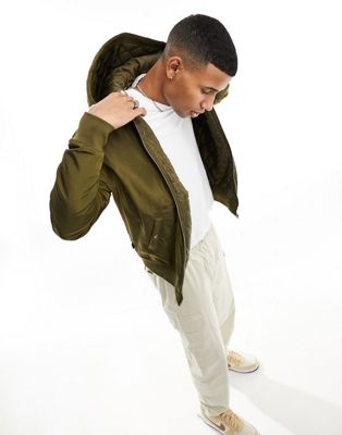 Le Breve Bomber Jacket With Hood In Khaki-green