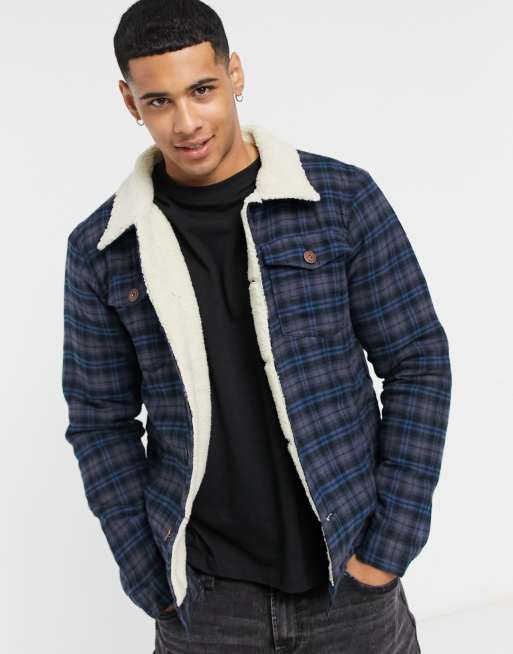 Le Breve borg collar check jacket in navy