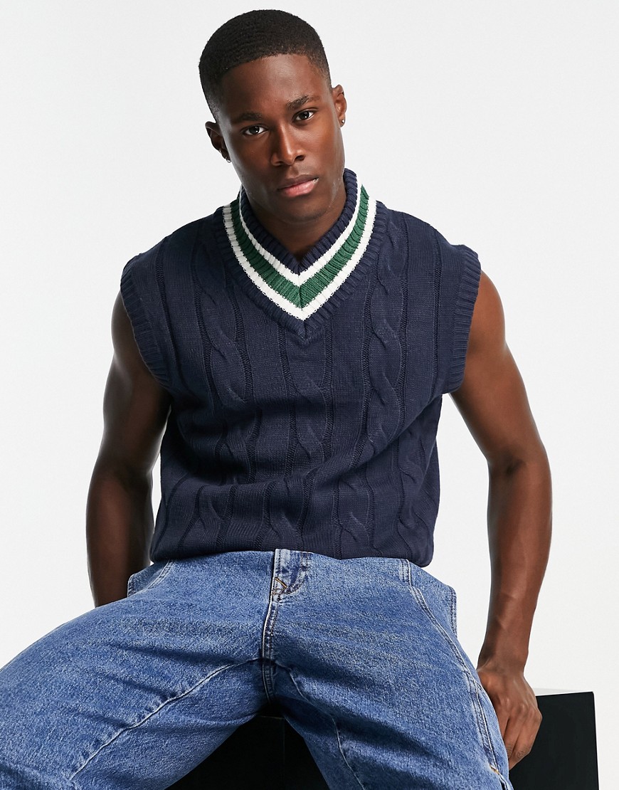Le Breve cable knit jumper vest in navy