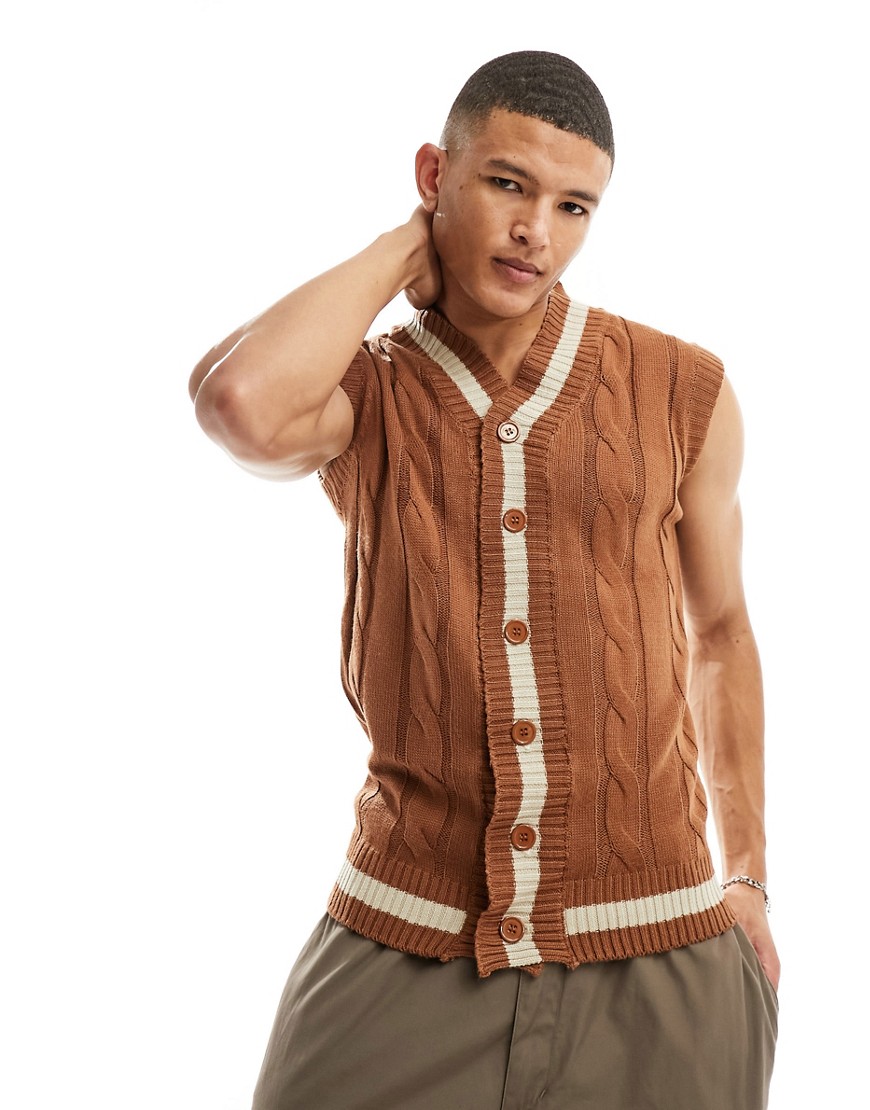 Le Breve cable knit sleeveless cardigan in brown