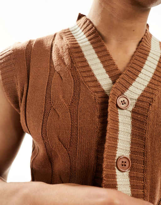 Le Breve cable knit sleeveless cardigan in brown | ASOS