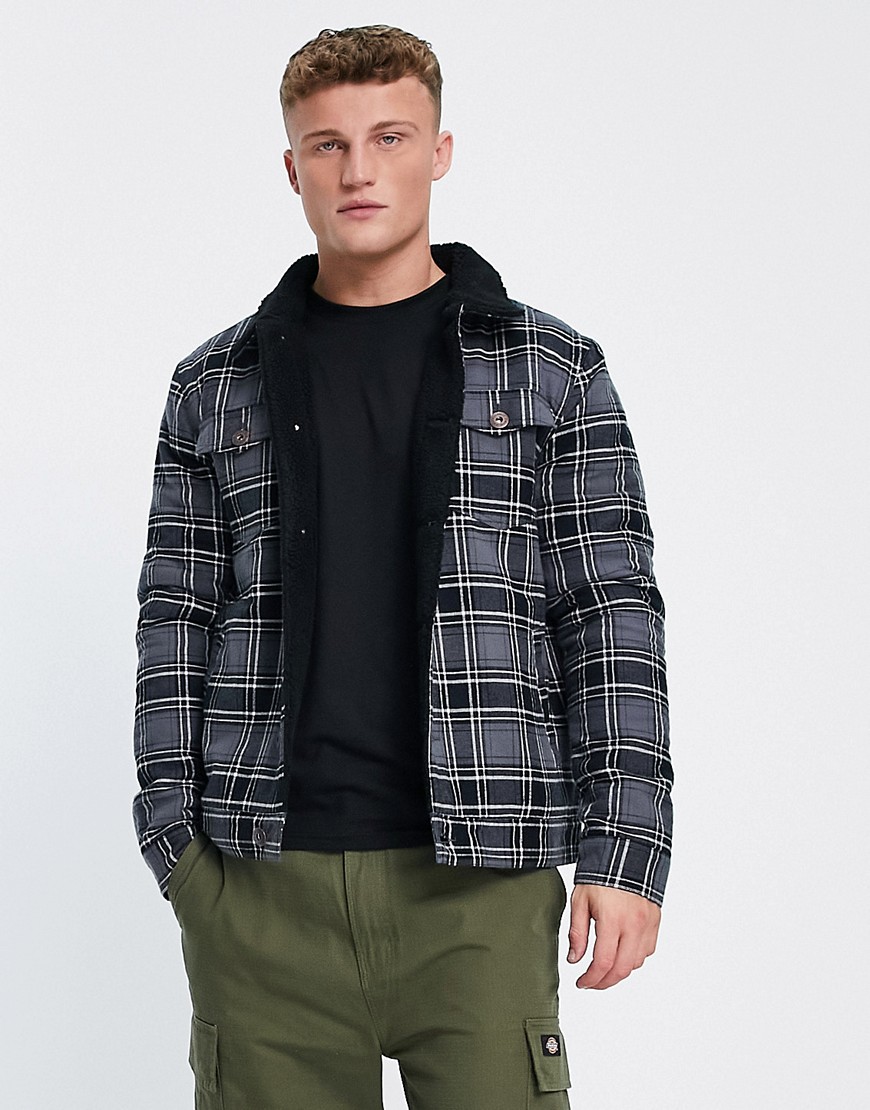 Le Breve check jacket with borg collar & lining in black
