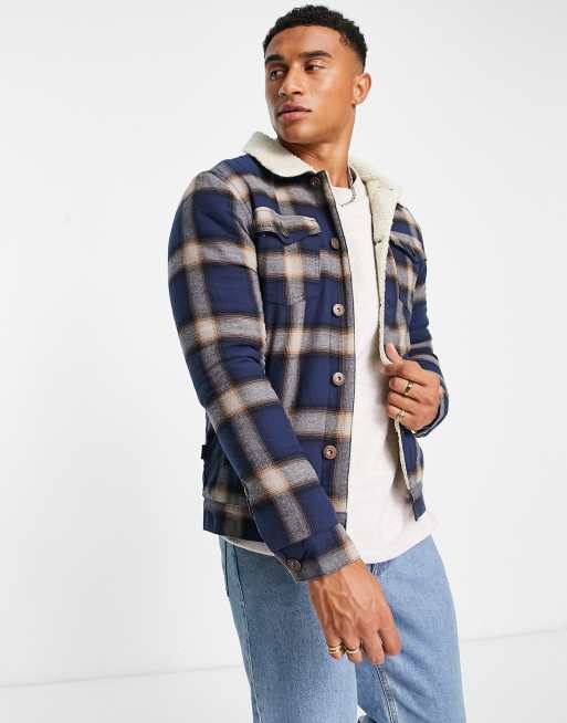 Le Breve check jacket with borg collar & lining in blue | ASOS