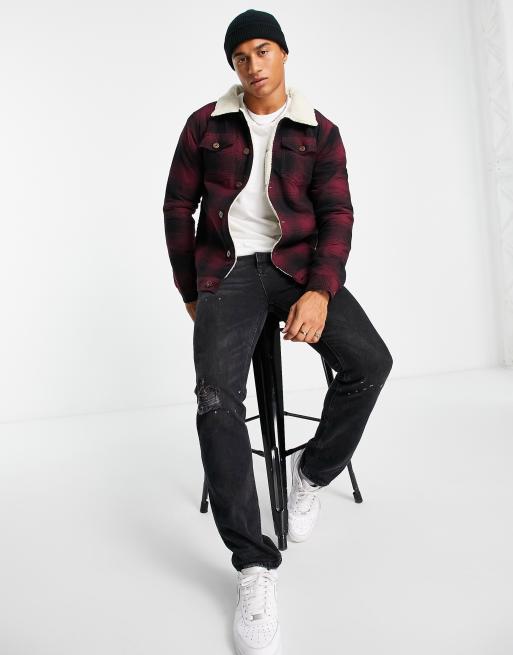 Le Breve check jacket with borg collar lining in burgundy ASOS