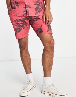 Le Breve co-ord leaf print shorts in coral-Red