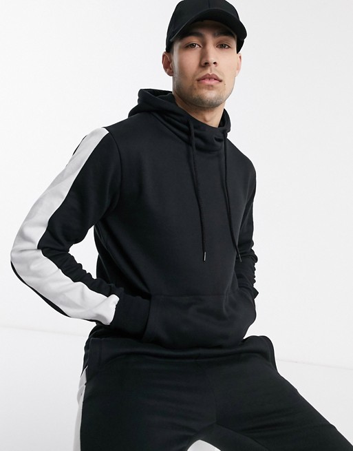 Le Breve co-ord overhead hoodie in black with white panel