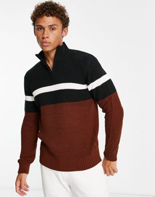 Le Breve colour block ribbed 1/2 zip jumper in black & brown
