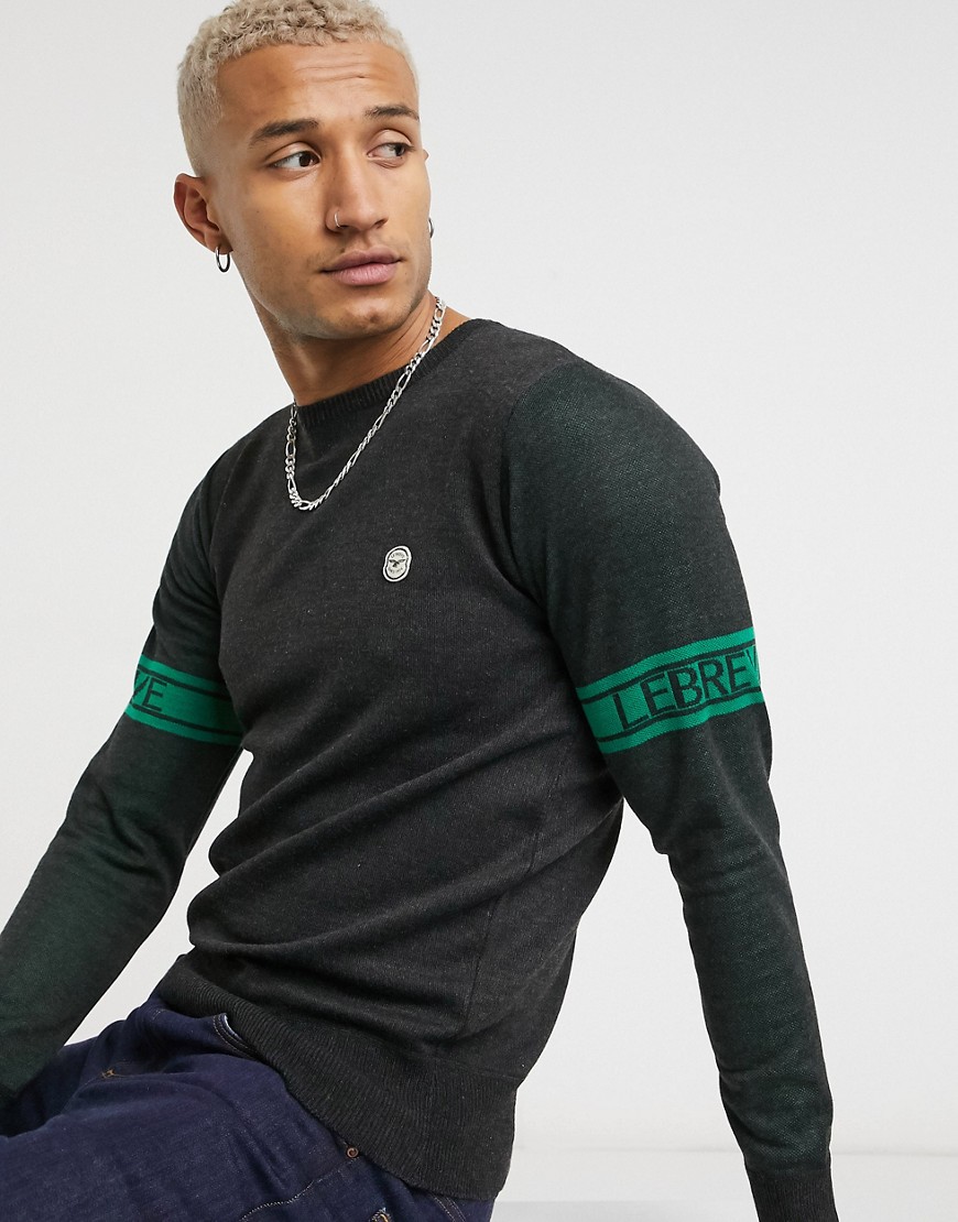 Le Breve crew neck sweater with logo arm band in gray-Grey
