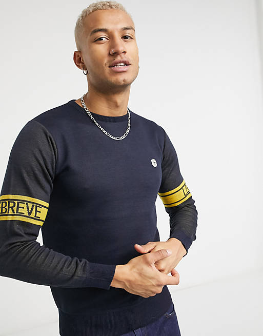 Le Breve crew neck sweater with logo arm band in navy