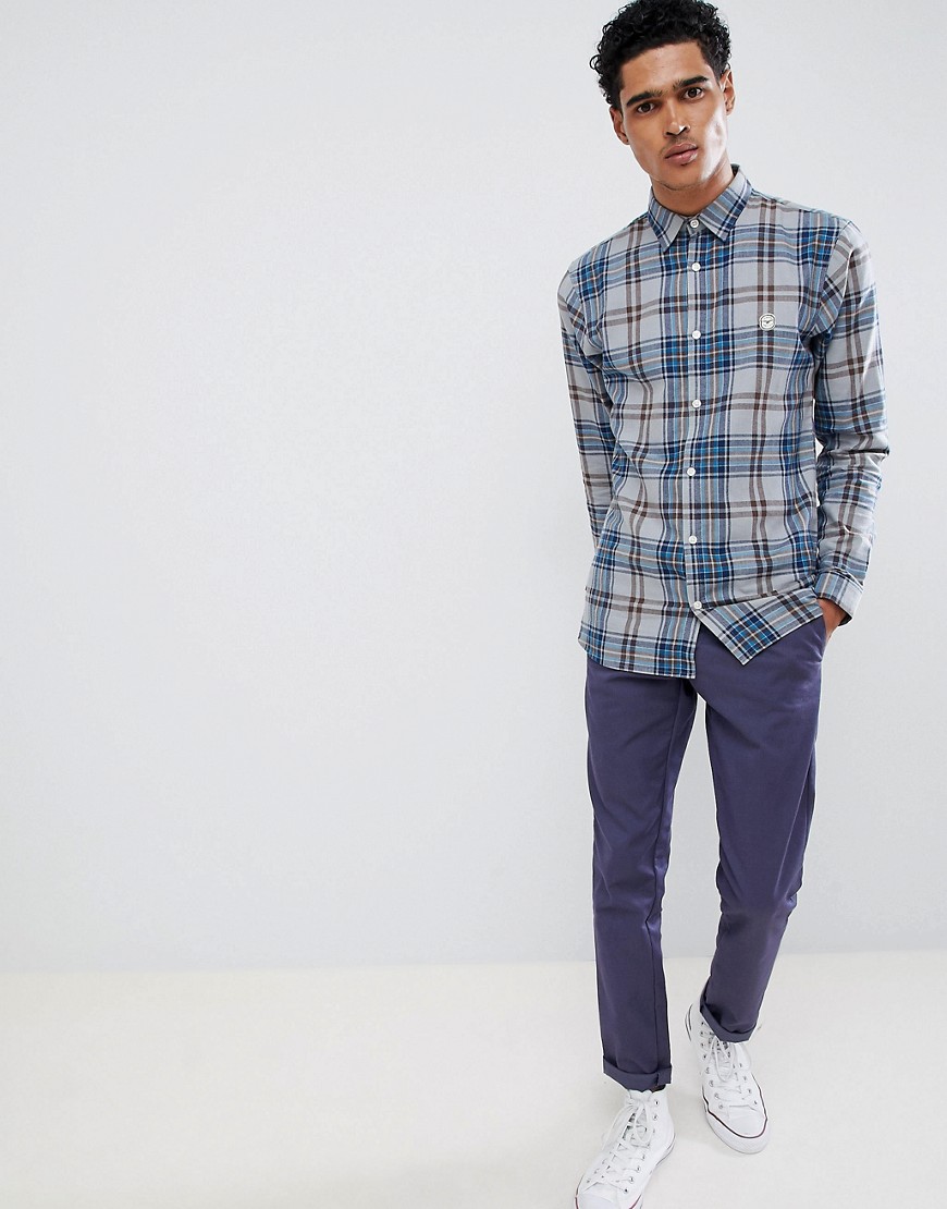 Le Breve- Flanellskjorta i lång modell med rutmönster-Blå