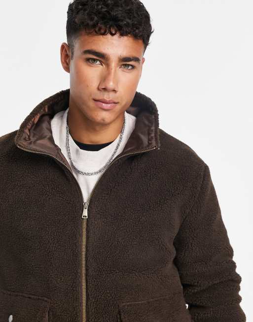 Le Breve funnel neck borg fleece jacket with pockets in brown