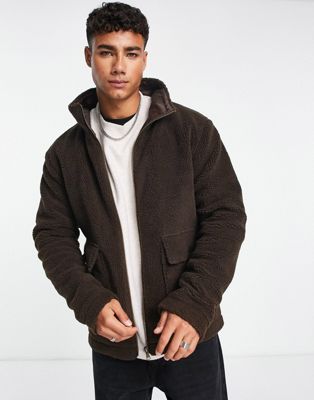 Le Breve funnel neck borg jacket with pockets in brown - ASOS Price Checker