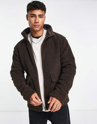 Le Breve Le Breve funnel neck borg jacket with pockets in brown