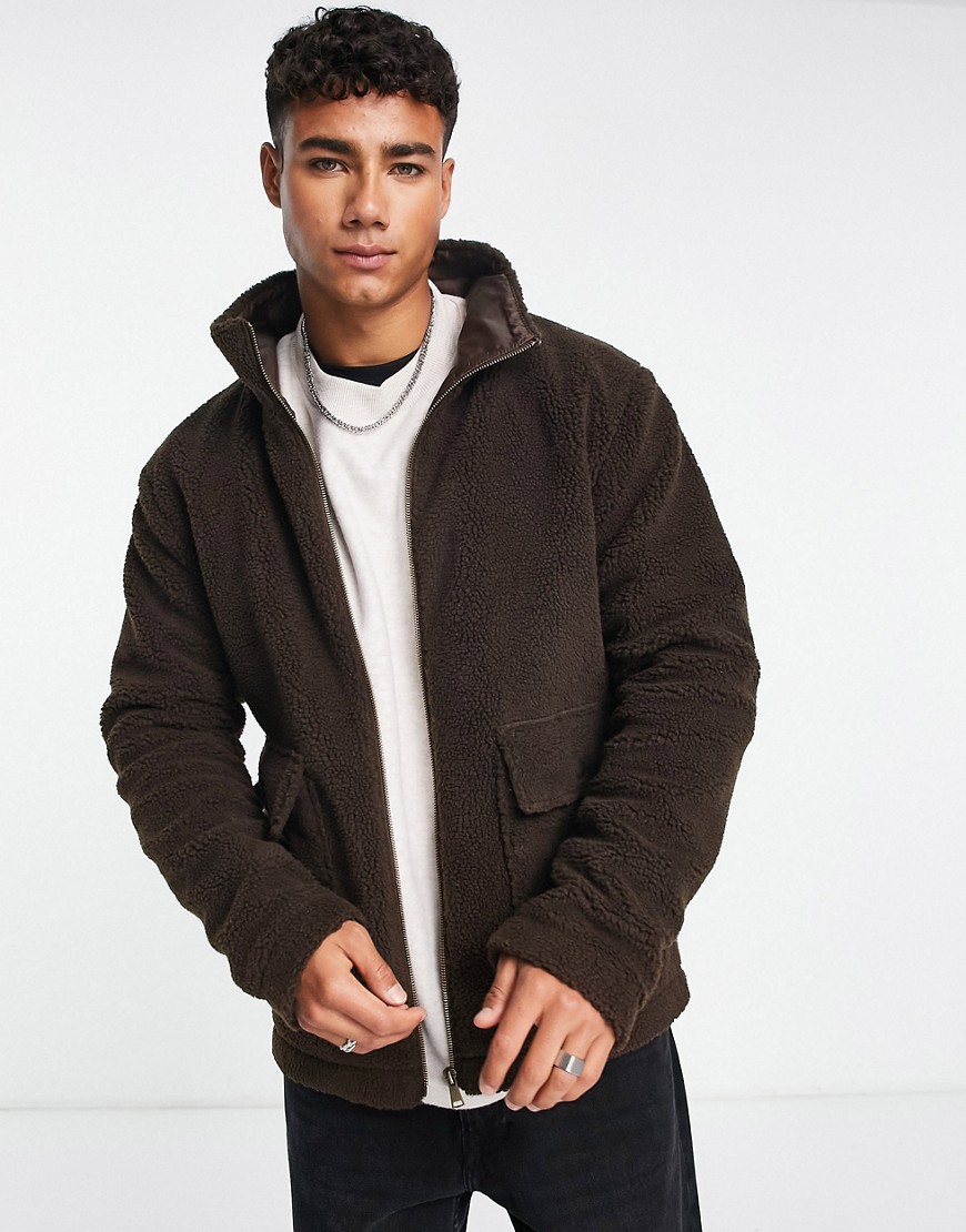 Le Breve funnel neck borg jacket with pockets in brown
