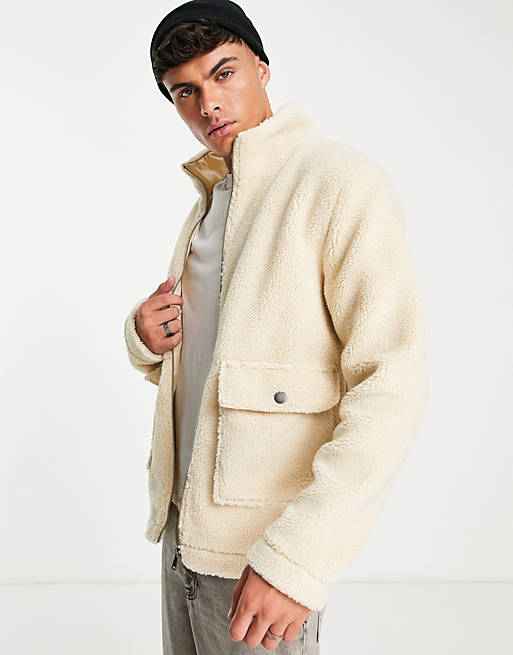 Le Breve funnel neck borg jacket with pockets in cream | ASOS