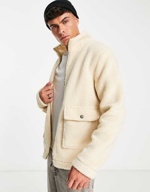Le Breve - Giacca in pile borg color crema con tasche e collo a imbuto