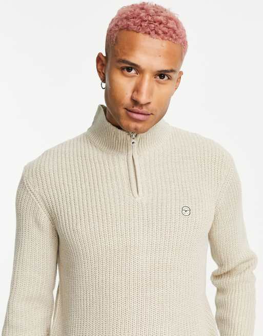 Le Breve heavy ribbed half zip sweater in stone