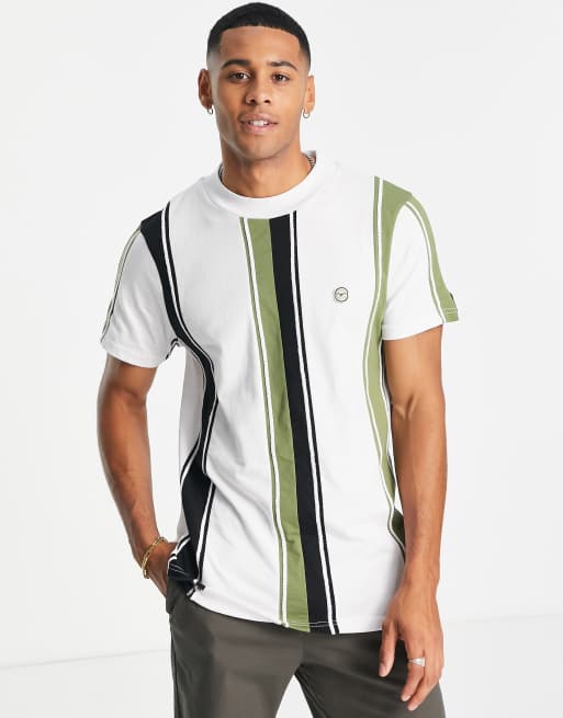 Le Breve – Hochgeschlossenes T-Shirt mit Streifen in Weiß und Grün