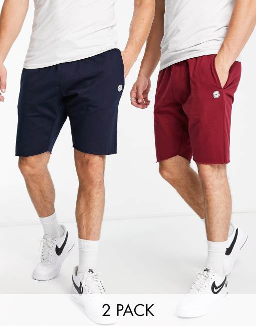 Le Breve – Jersey-Shorts in Marineblau und Burgunderrot mit unversäuberten Kanten im 2er-Pack