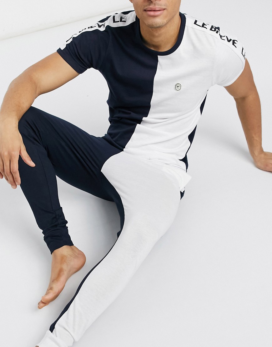 Le Breve lounge matching T-shirt in navy and white