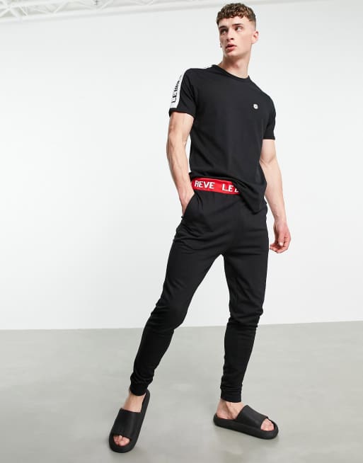 Le Breve - Lounge-T-shirt in zwart met witte bies, deel van co-ord set, 4 van 4