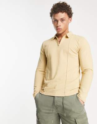 Le Breve Le Breve pique long sleeve zip polo in stone-Neutral