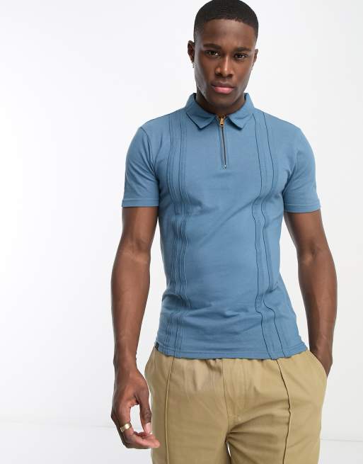 Le Breve pique zip polo in blue stone ASOS