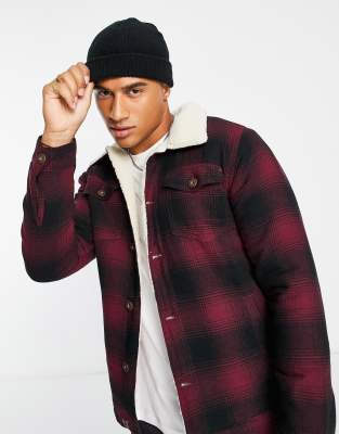 Le Breve Tall Plaid Jacket With Teddy Collar & Lining In Burgundy-red