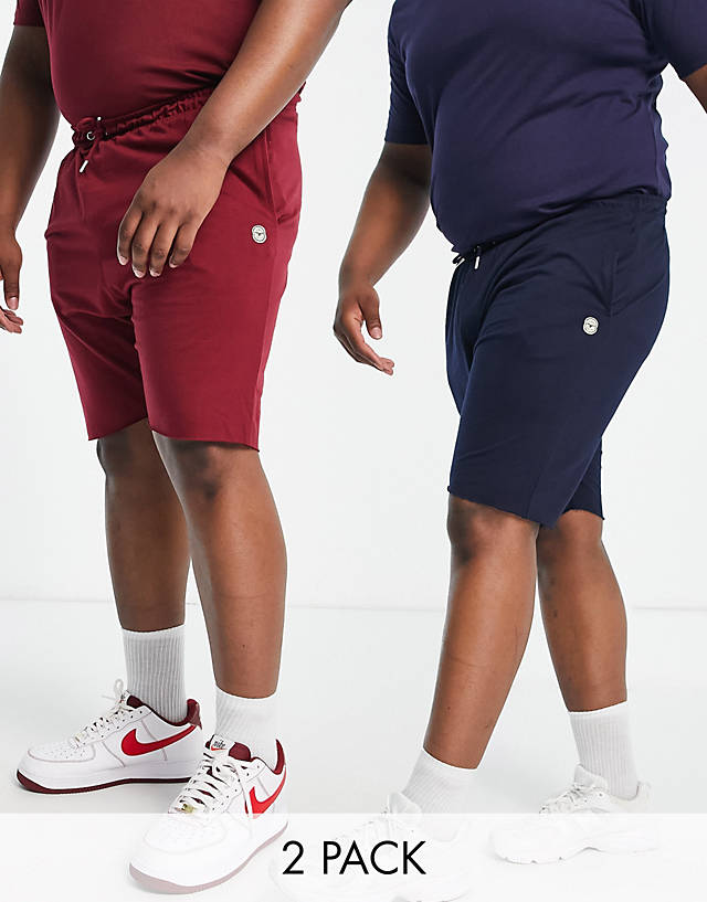 Le Breve - plus 2 pack raw edge jersey shorts in navy & burgundy