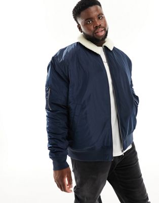 Le Breve Plus Aviator Jacket With Borg Collar In Navy
