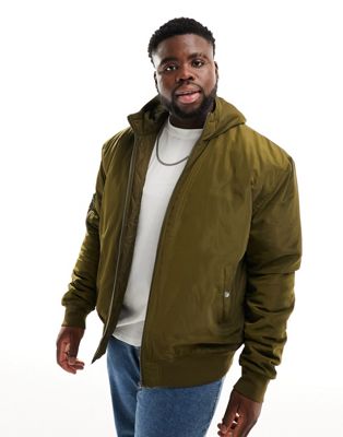 Le Breve Plus Bomber Jacket With Hood In Khaki-green
