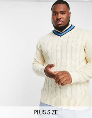 Le Breve Plus cable knit chunky contrast v neck jumper in ecru - ASOS Price Checker