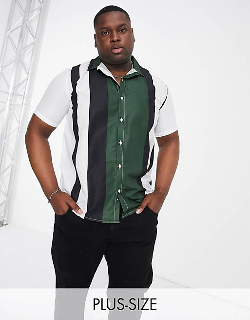 Le Breve Plus - Camicia a righe verdi nere e bianche con colletto con rever
