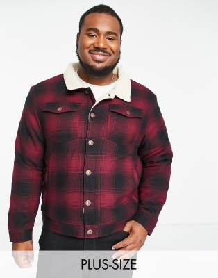 Le Breve Le Breve Plus check jacket with borg collar & lining in burgundy-Red