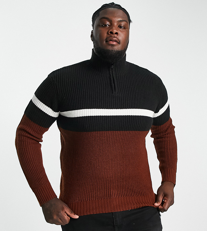 Plus color block ribbed 1/2 zip sweater in black & brown