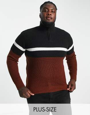 Le Breve Plus colour block ribbed 1/2 zip jumper in black & brown