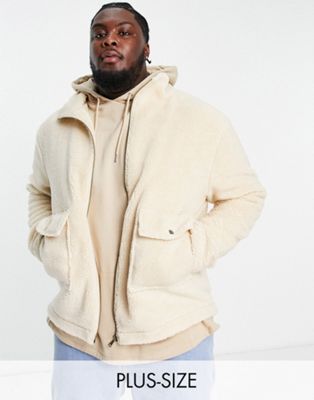 Le Breve Plus Funnel Neck Borg Jacket With Pockets In Beige-neutral