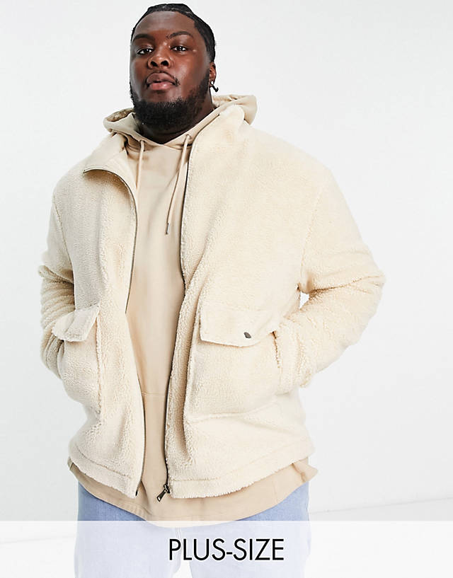 Le Breve - plus funnel neck borg jacket with pockets in beige