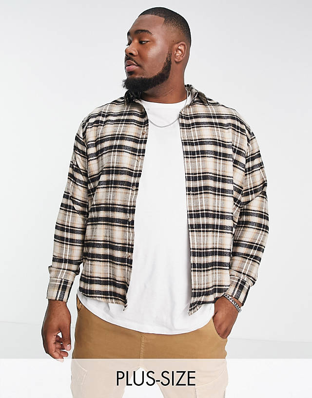 Le Breve - plus long sleeve check shirt in beige