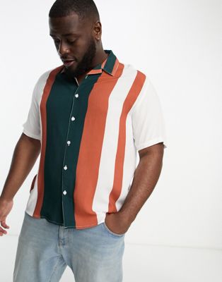 Le Breve Plus revere collar resort shirt in teal stripe - ASOS Price Checker