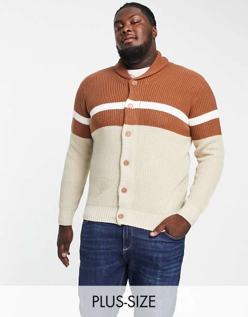 Le Breve Plus stripe ribbed cardigan in brown & ecru | ASOS