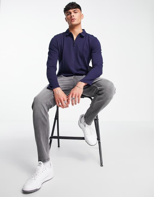 Le Breve - Polo in piqué a maniche lunghe con cerniera lampo blu navy