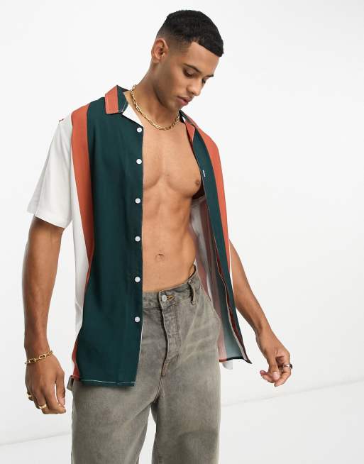 Le Breve revere collar resort shirt in teal stripe