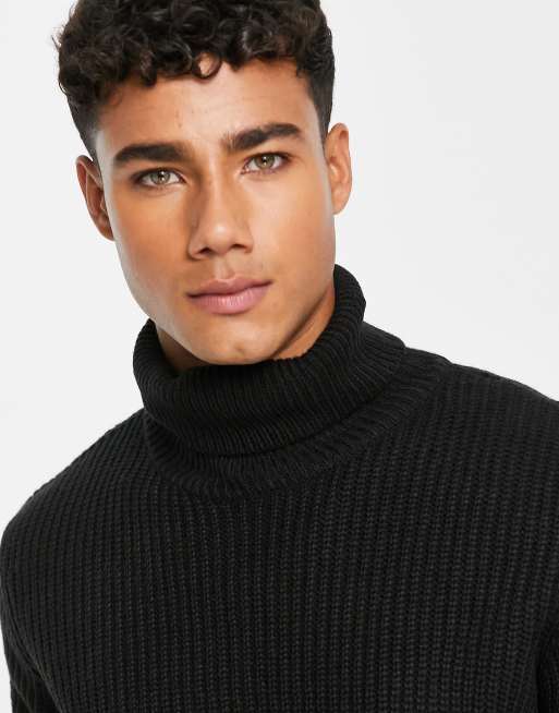 Mens black ribbed roll neck outlet jumper