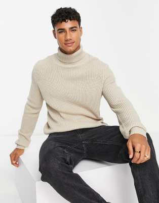 Le Breve Le Breve ribbed roll neck jumper in stone-Neutral